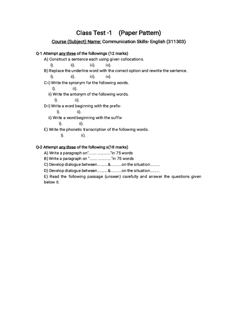 Communication Skills Class Test Format | PDF