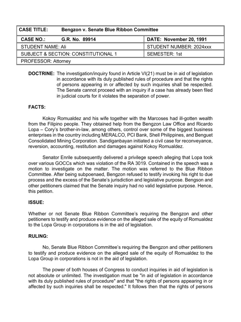 Bengzon v. Senate Blue Ribbon Committee | PDF | United States Congress ...