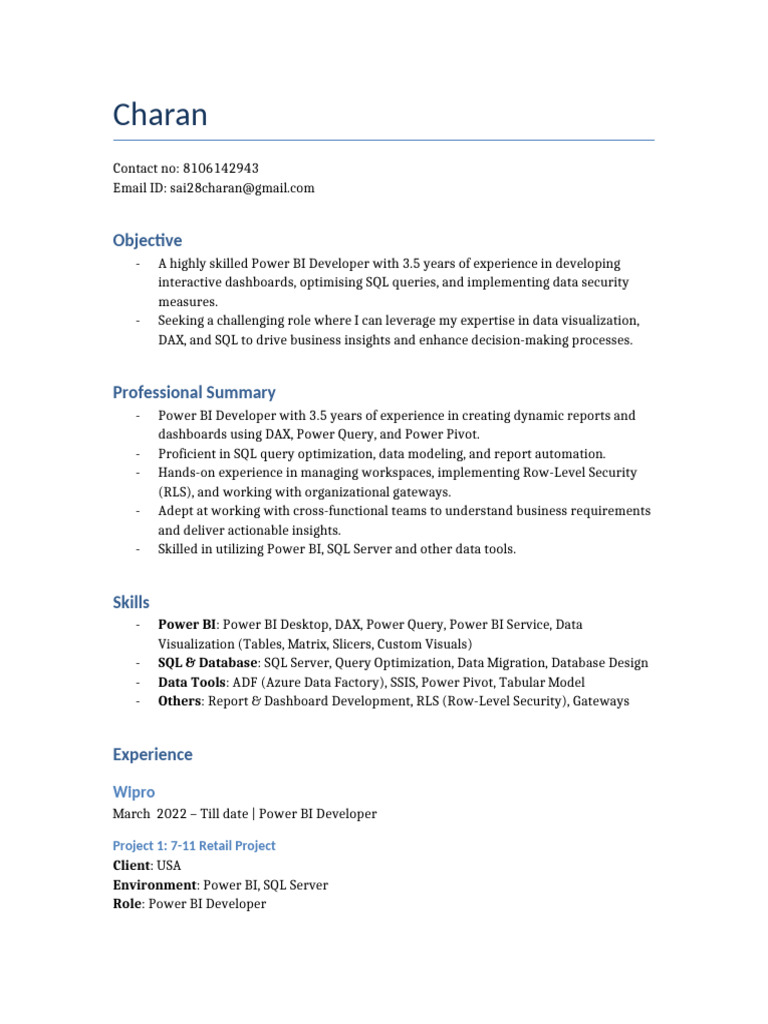 Power BI Developer Resume Summary | PDF | Microsoft Sql Server | Sql
