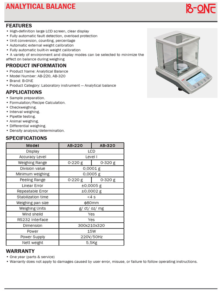 Analytical Balance Specifications AB-220/320 | PDF