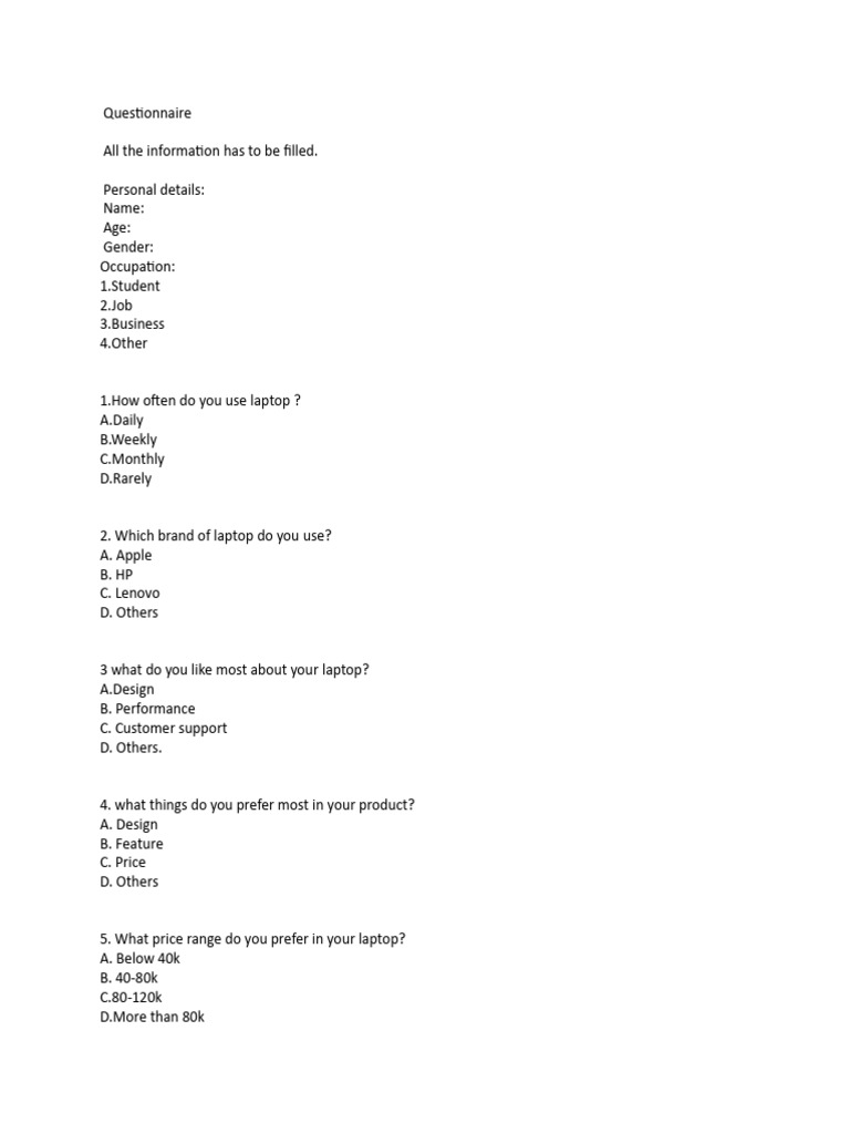 Laptop User Experience Questionnaire | PDF