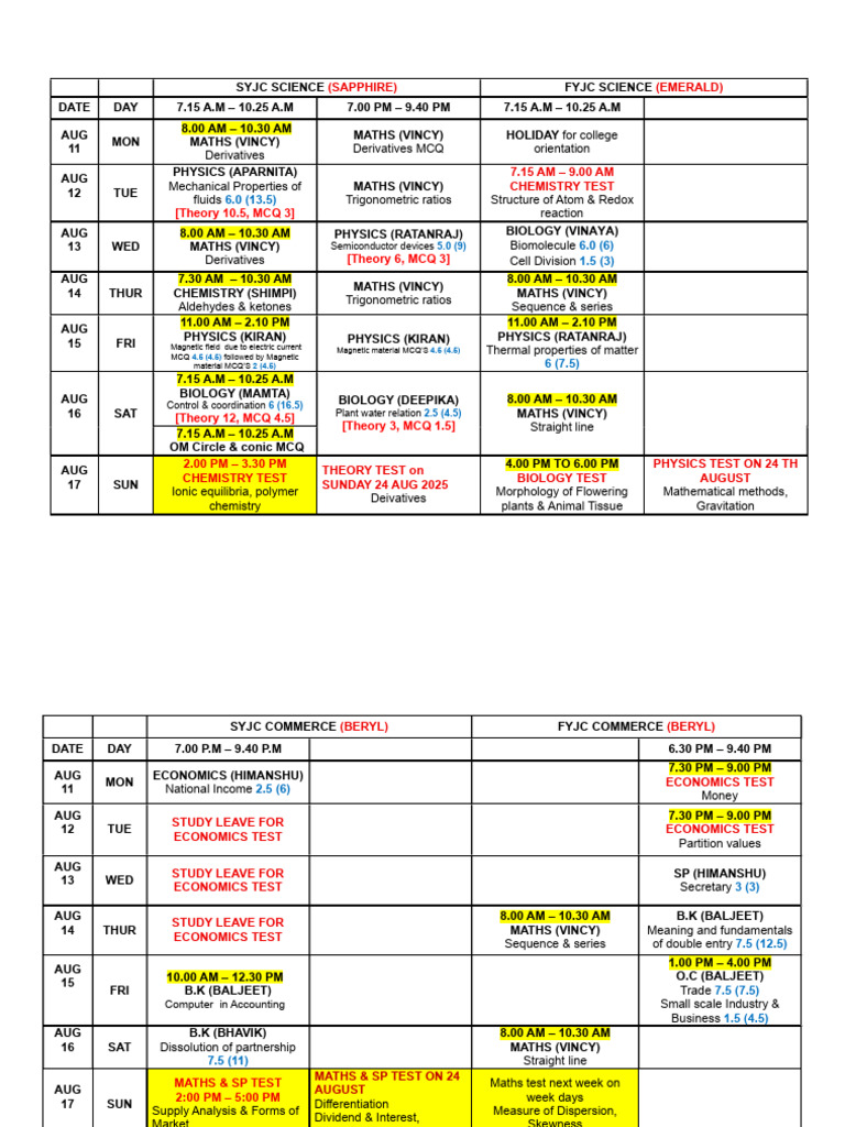 August 2025 Exam Schedule Overview | PDF | Mathematics | Physics