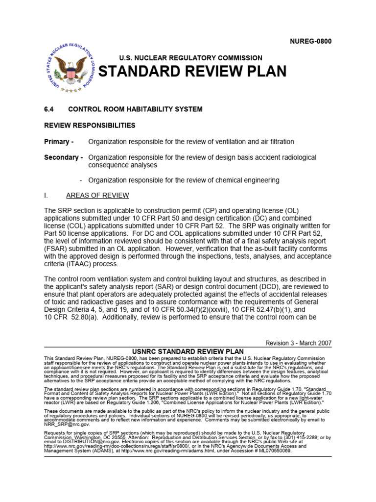 Control Room Habitability Review Plan | PDF | Nuclear Regulatory ...