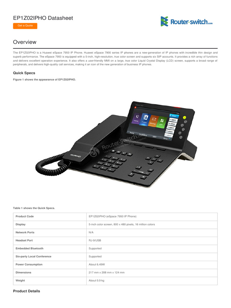 Huawei eSpace 7950 IP Phone Datasheet | PDF | Telephone | Consumer ...