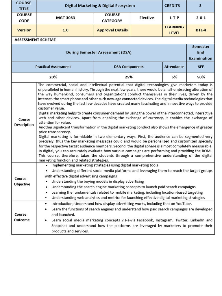DMDE Course Outline - LTP Format | PDF | Digital Marketing | Marketing