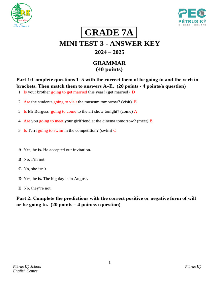 Grammar and Vocabulary Mini Test Answer Key | PDF | Linguistic ...