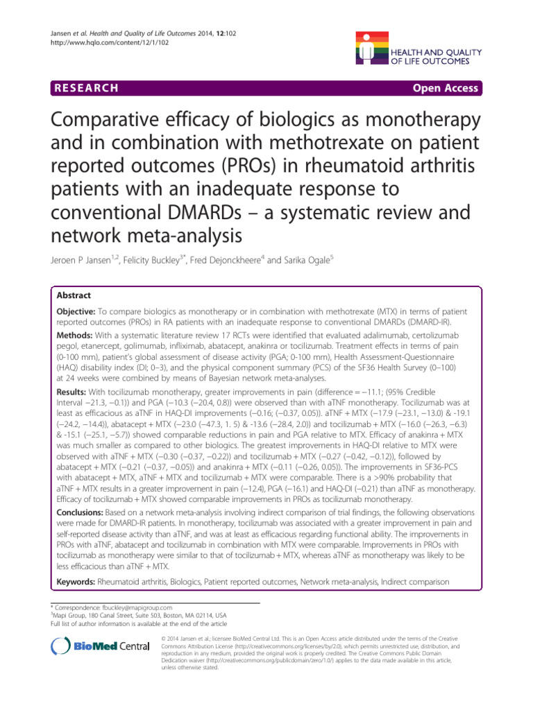 Efficacy of Biologics in RA Treatment | PDF | Meta Analysis | Rheumatology