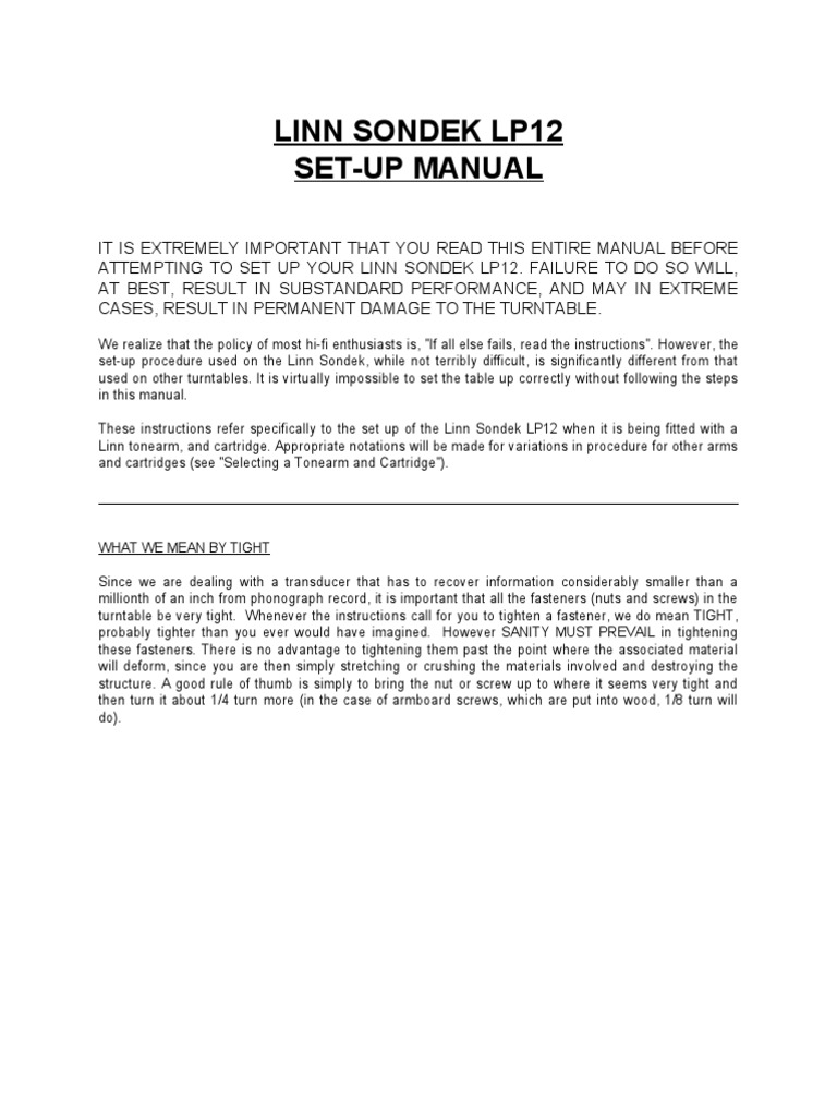 Linn Sondek LP12 Set-Up Guide | PDF | Phonograph | Belt (Mechanical)