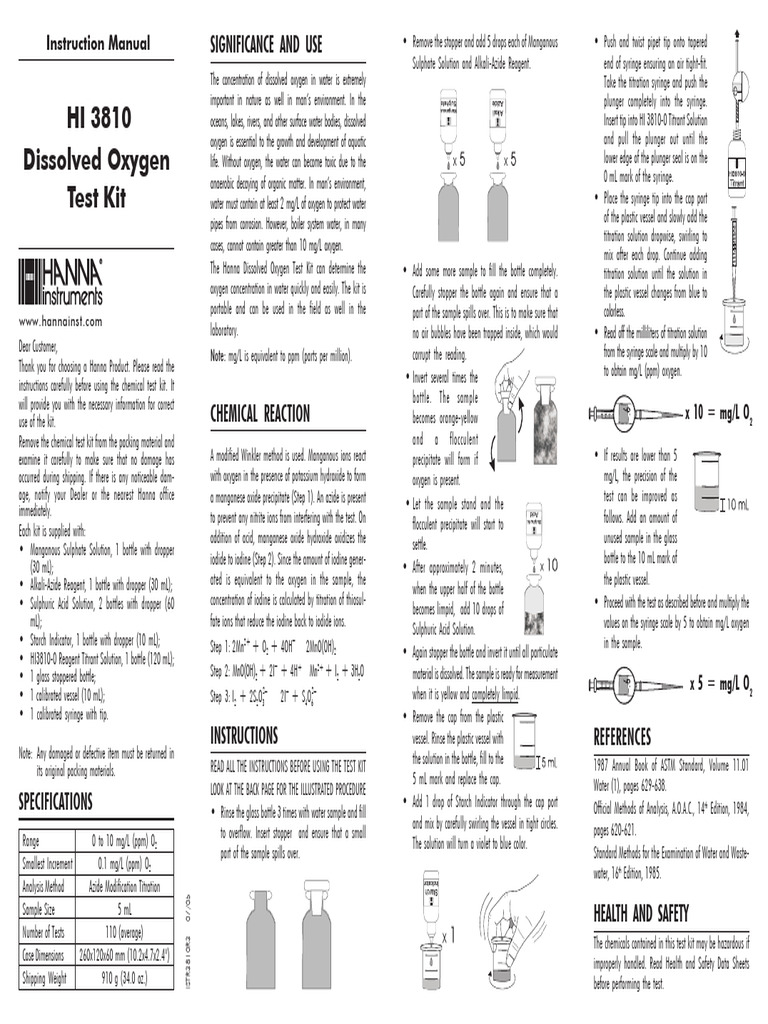 Hanna Dissolved Oxygen Test Kit Guide | PDF | Titration | Chemistry