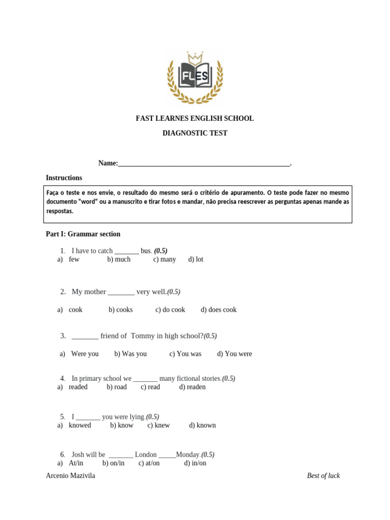 English Diagnostic Test for Beginners | PDF | Learning