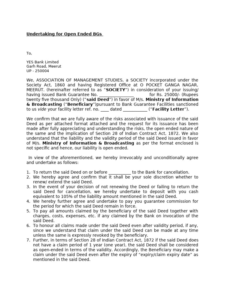 Open Ended BGs - Undertaking Final - v2 24062019 | PDF | Deed | Civil ...