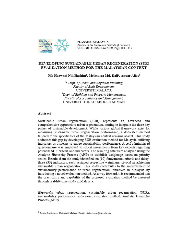 Sustainable Urban Regeneration Method Malaysia | PDF