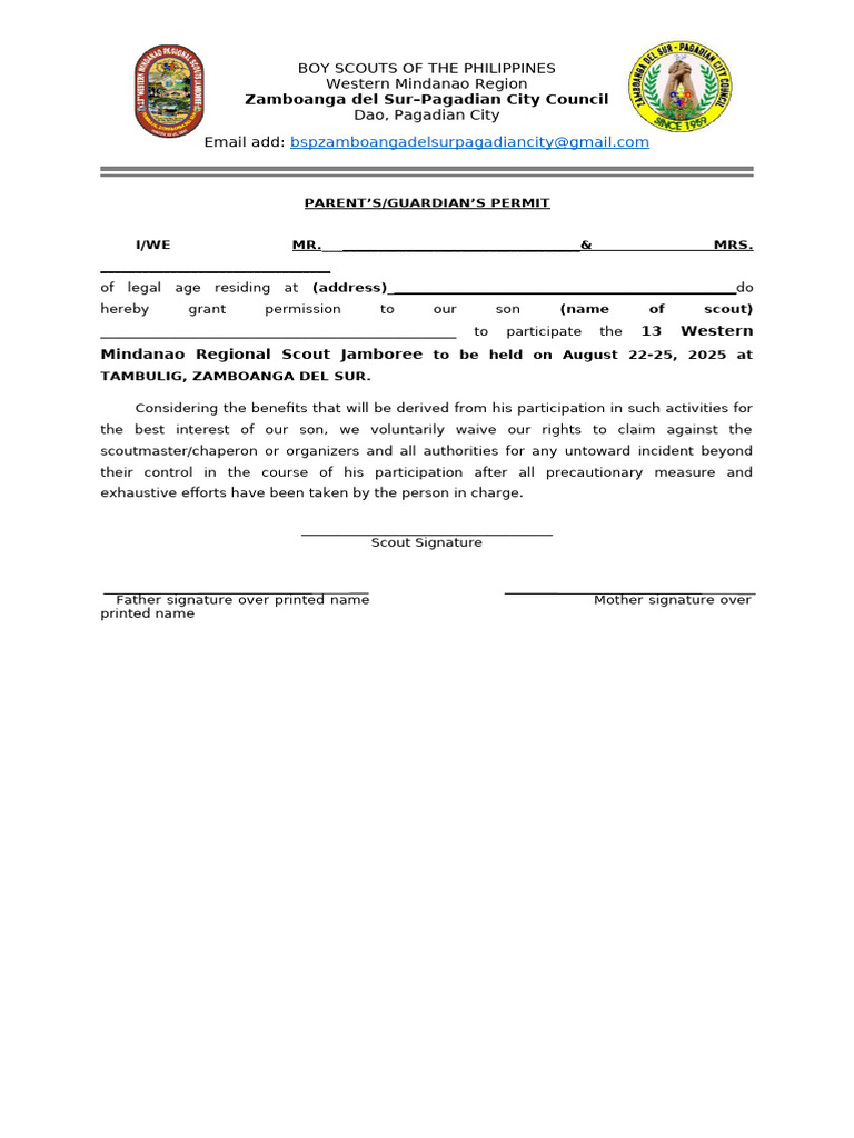 Parent's Permit for Scout Jamboree | PDF