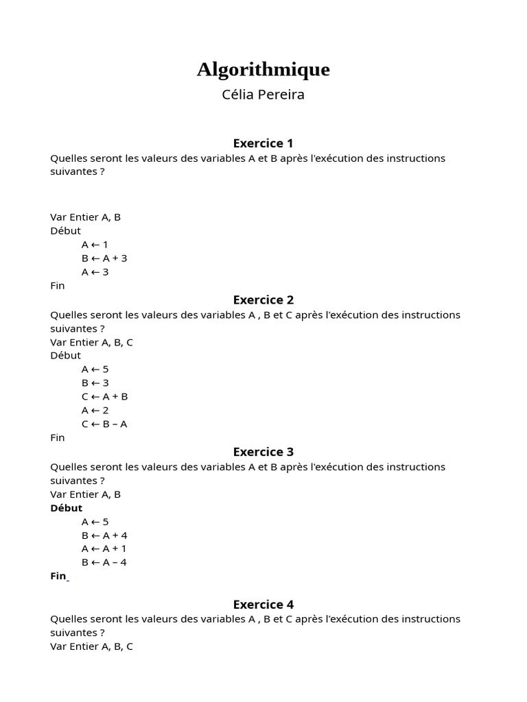 Exercices d'algorithmique et variables | PDF | Programmation ...