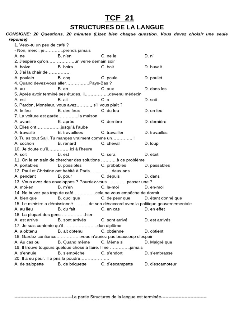 Quiz TCF : Structures de la langue | PDF | Ouverture (échecs) | Théorie ...