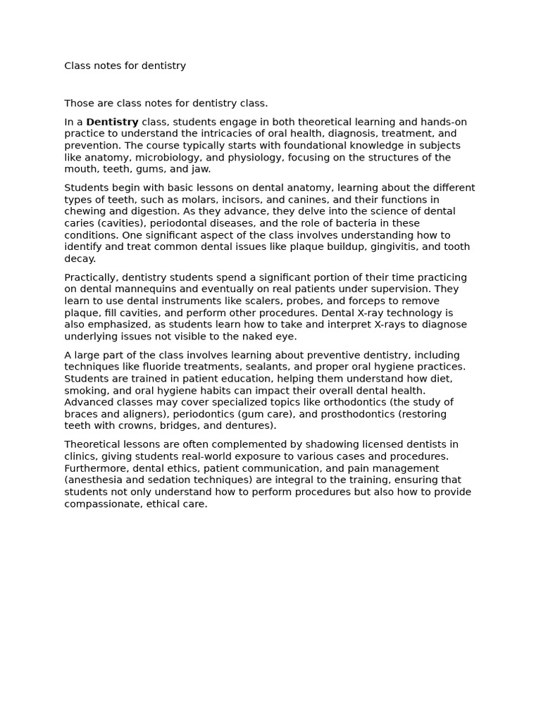 Dentistry Class Notes Overview | PDF