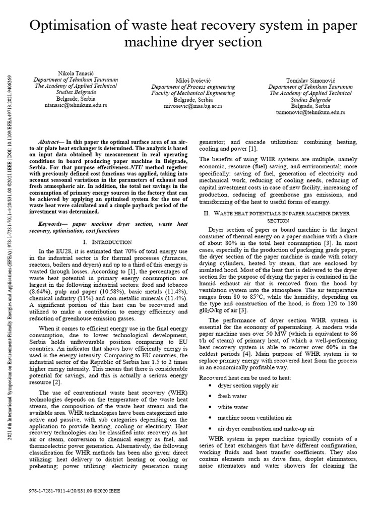 Optimisation of Waste Heat Recovery System in Paper Machine Dryer ...