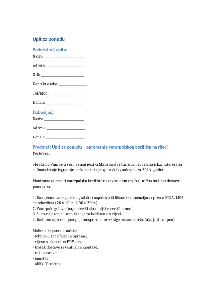 Upit Za Ponudu Vaterpolo | PDF