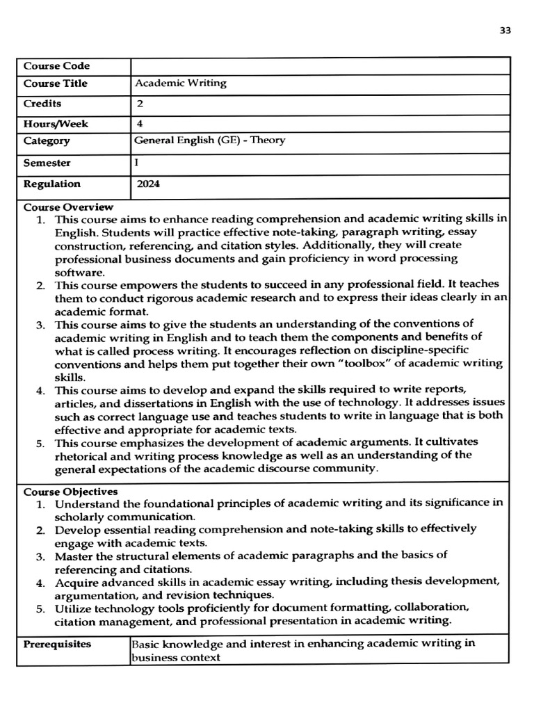 Academic Writing Course Syllabus | PDF | Reading Comprehension | Essays