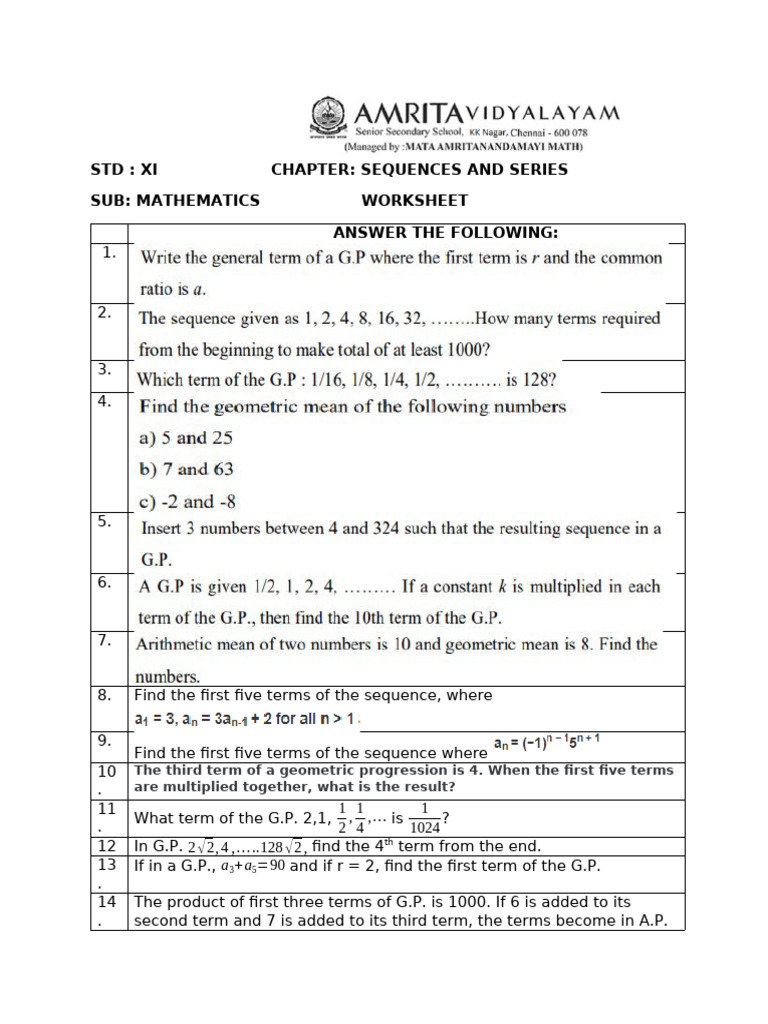 STD XI Worksheet | PDF