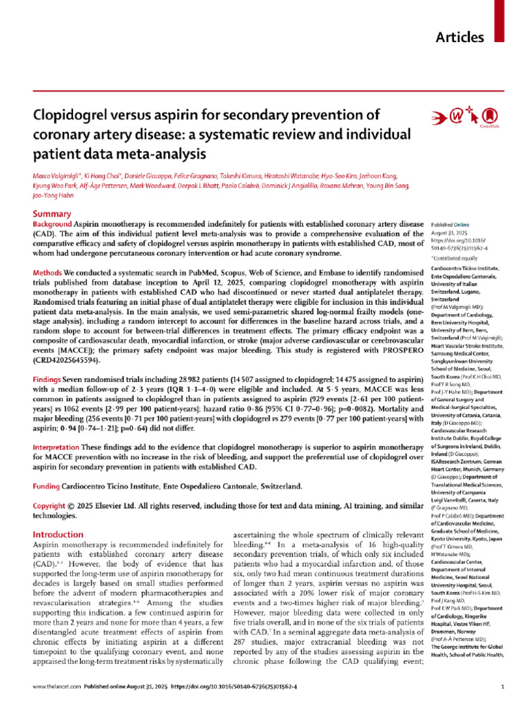 Clopidogrel Versus Aspirin For Secondary Prevention of Coronary Artery ...