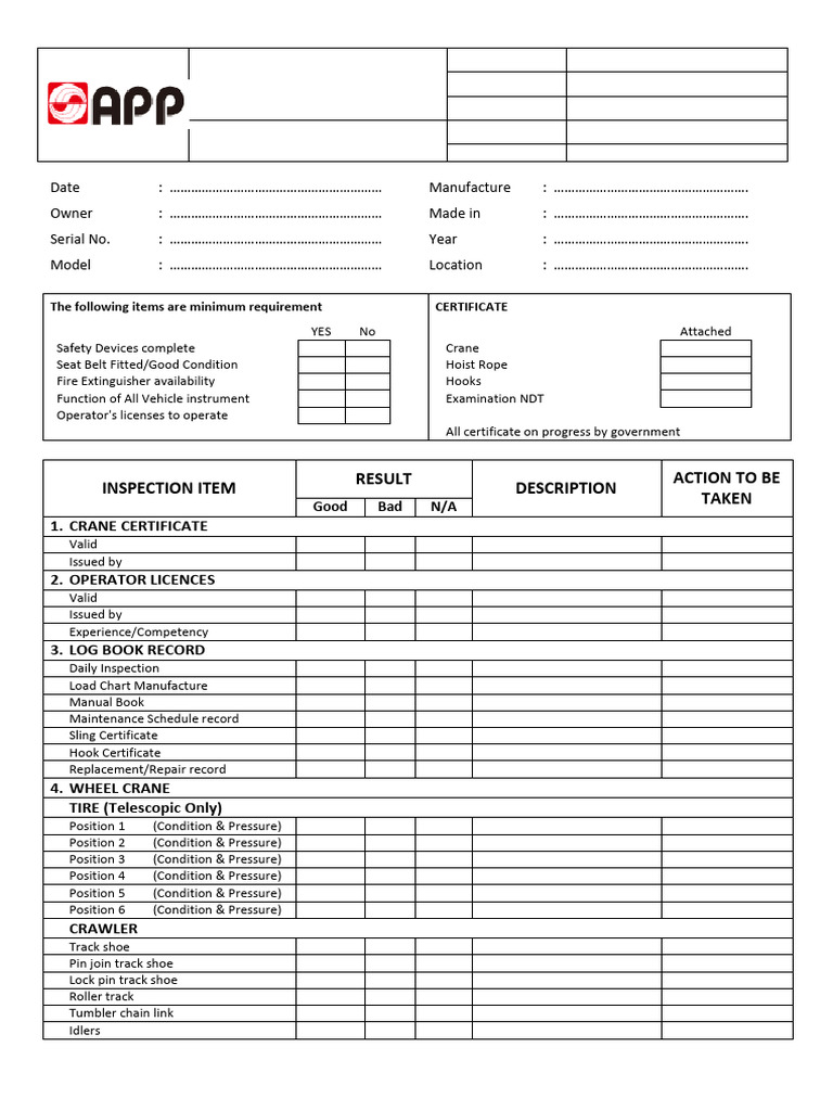 IK2M-100-15-FRM-0017 Crane Inspection Check List Form | PDF | Crane ...