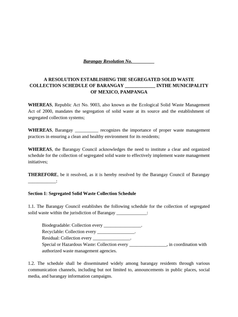 Barangay Resolution On Waste Collection Schedule 2025 | PDF