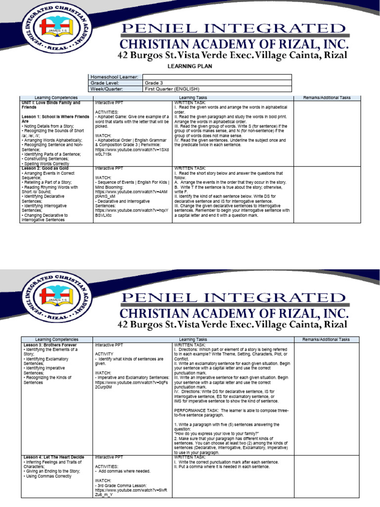 Grade 3 English Homeschool Learning Plan | PDF | Plural | Noun