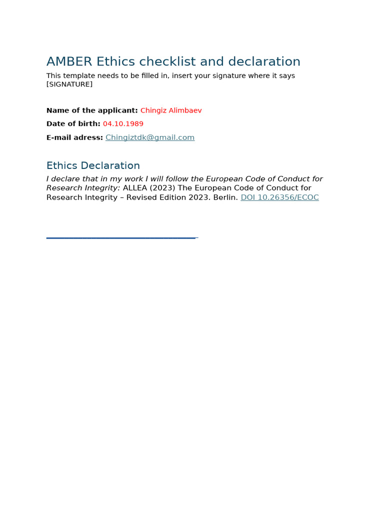 AMBER Ethics Checklist Template | PDF | Informed Consent | Embryonic ...