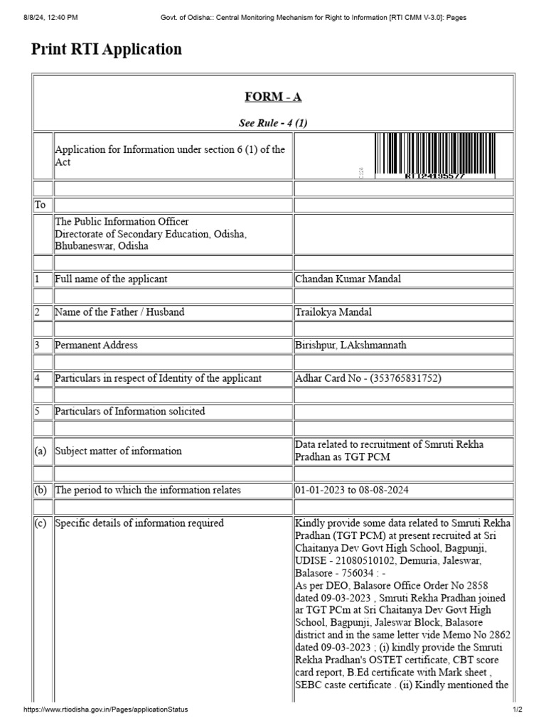 Print RTI Application: Form - A | PDF | Civil Rights And Liberties ...