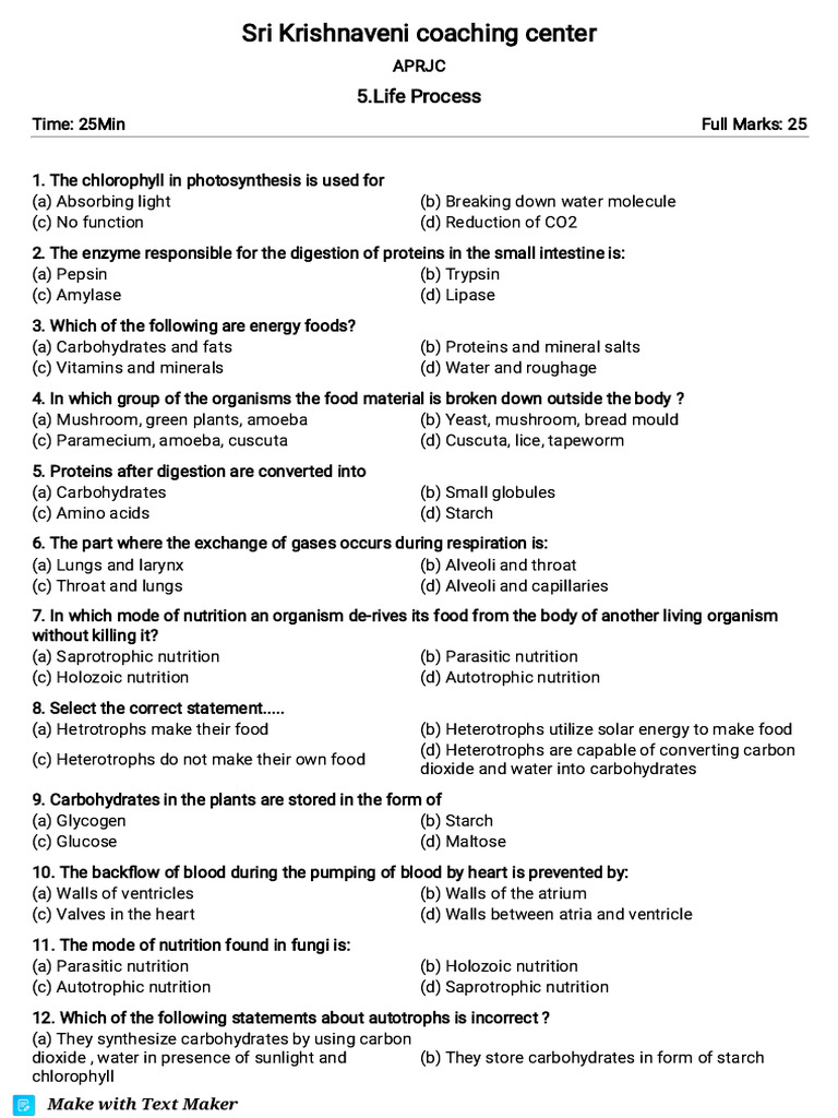 APRJC Life Process Quiz Questions | PDF | Nutrition | Diet & Nutrition