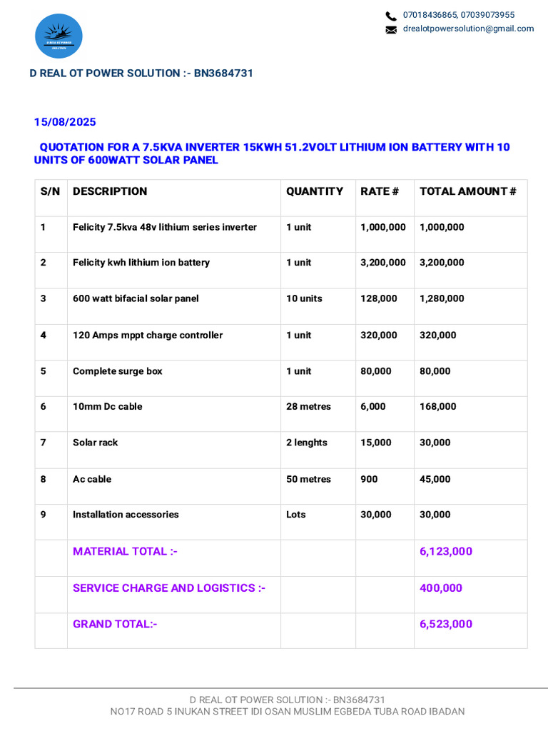 7.5kVA Inverter & Solar Panel Quotation | PDF