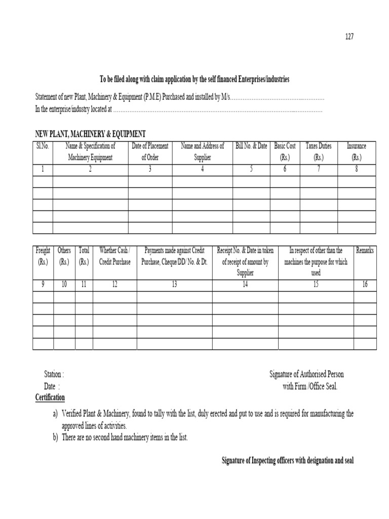 New Plant and Machinery Statement Form | PDF
