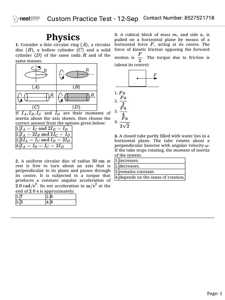 Physics Practice Test on Moments and Torque | PDF | Rotation Around A ...