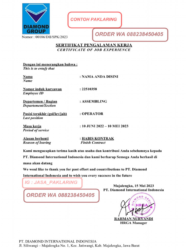 Diamond International Indonesia - Paklaring | PDF