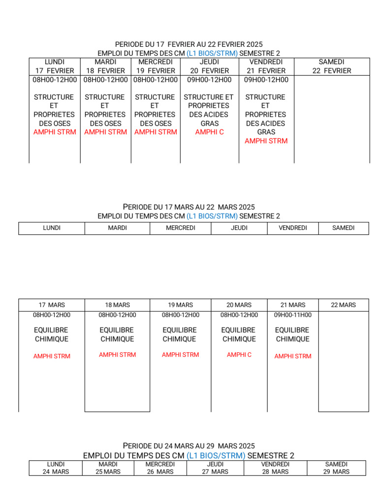 Emploi du temps L1 BIOS/STRM Semestre 2 | PDF