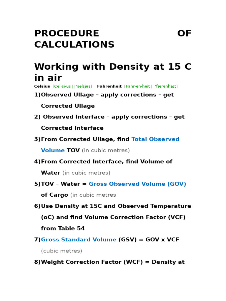 Procedure of Calculations Using Astm Tables | PDF | Volume | Density
