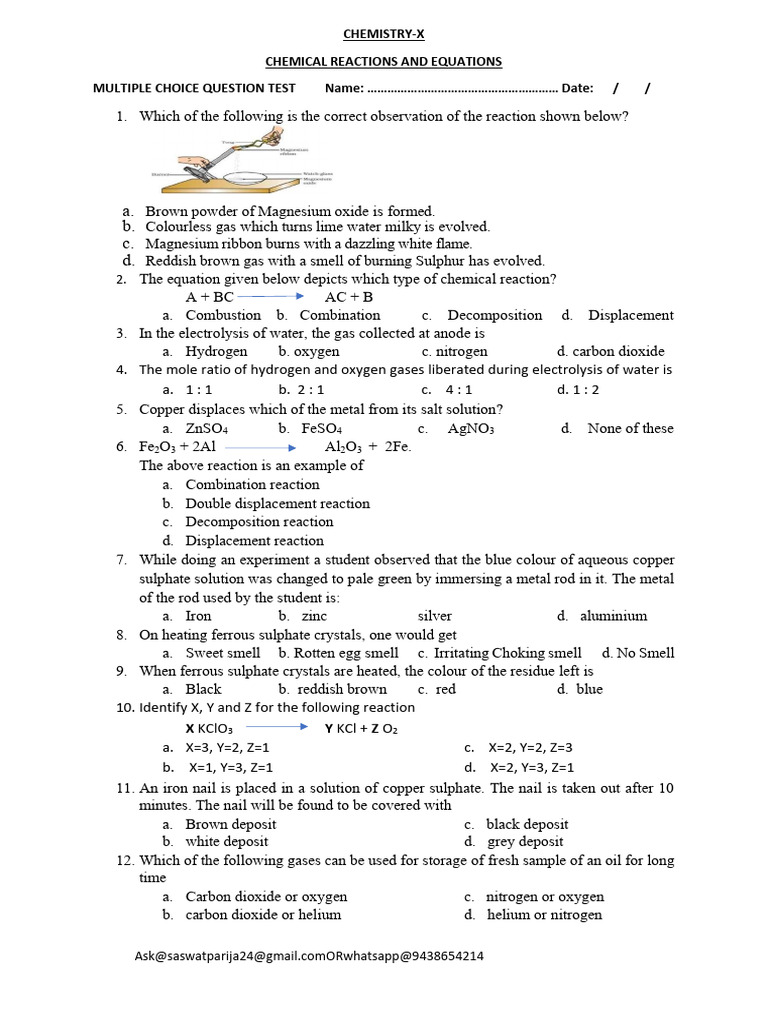 Chemistry MCQ Test on Reactions | PDF | Oxide | Chemical Reactions
