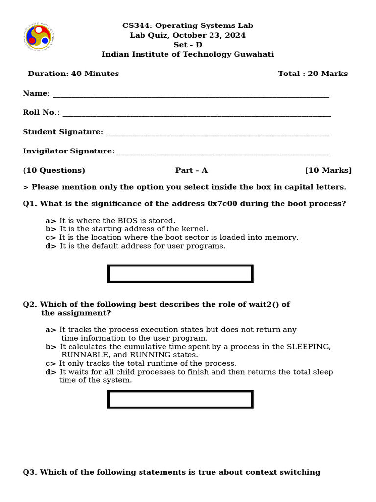 CS344 Operating Systems Lab Quiz 2024 | PDF | Kernel (Operating System ...