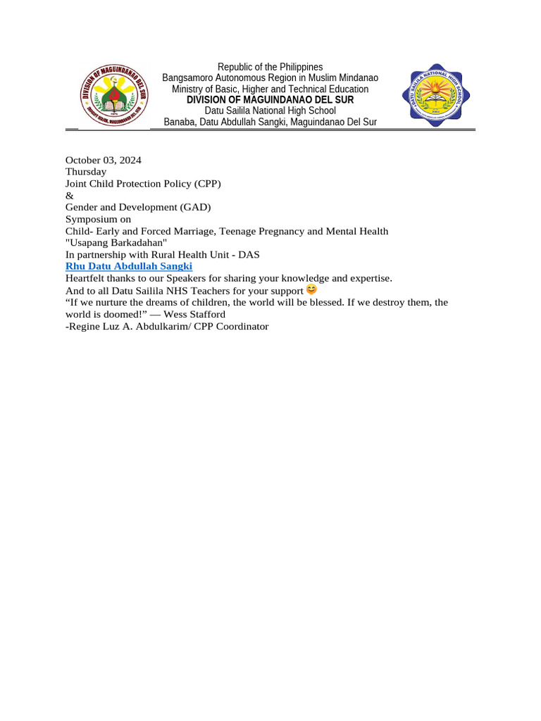 Child Protection and GAD Symposium 2024 | PDF
