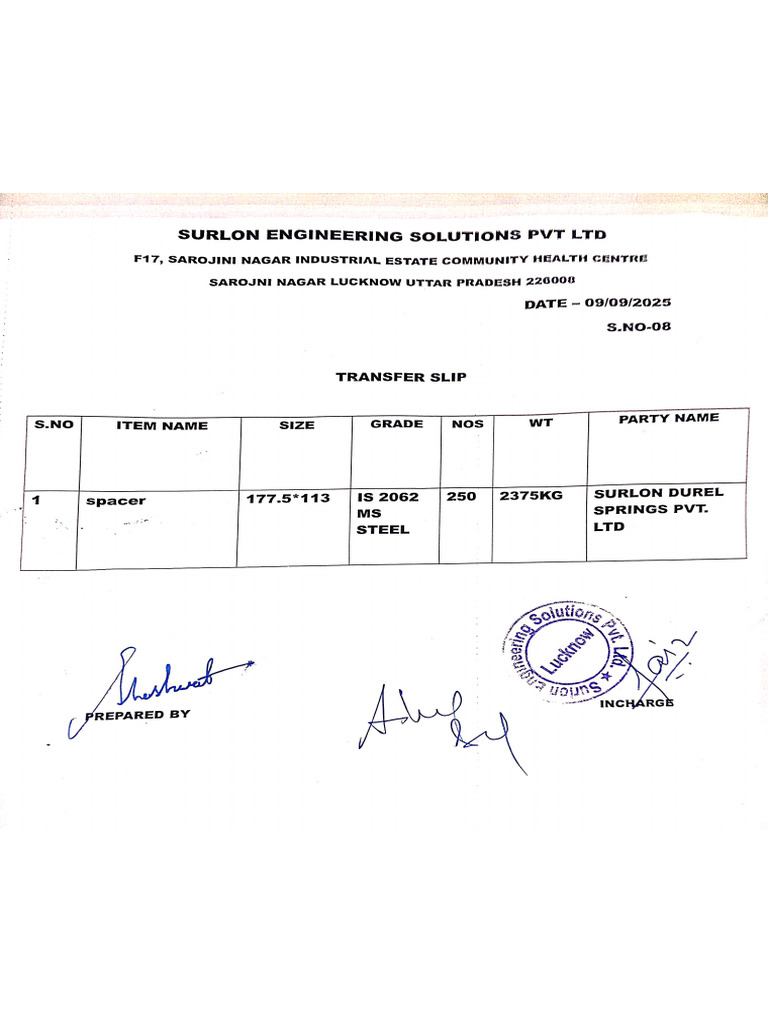 Transfer Slip No - 08 | PDF
