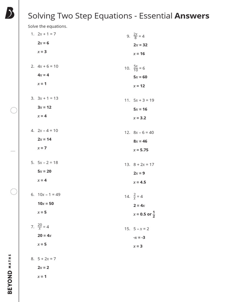 Solving Two Step Equations - Essential (Answers) | PDF