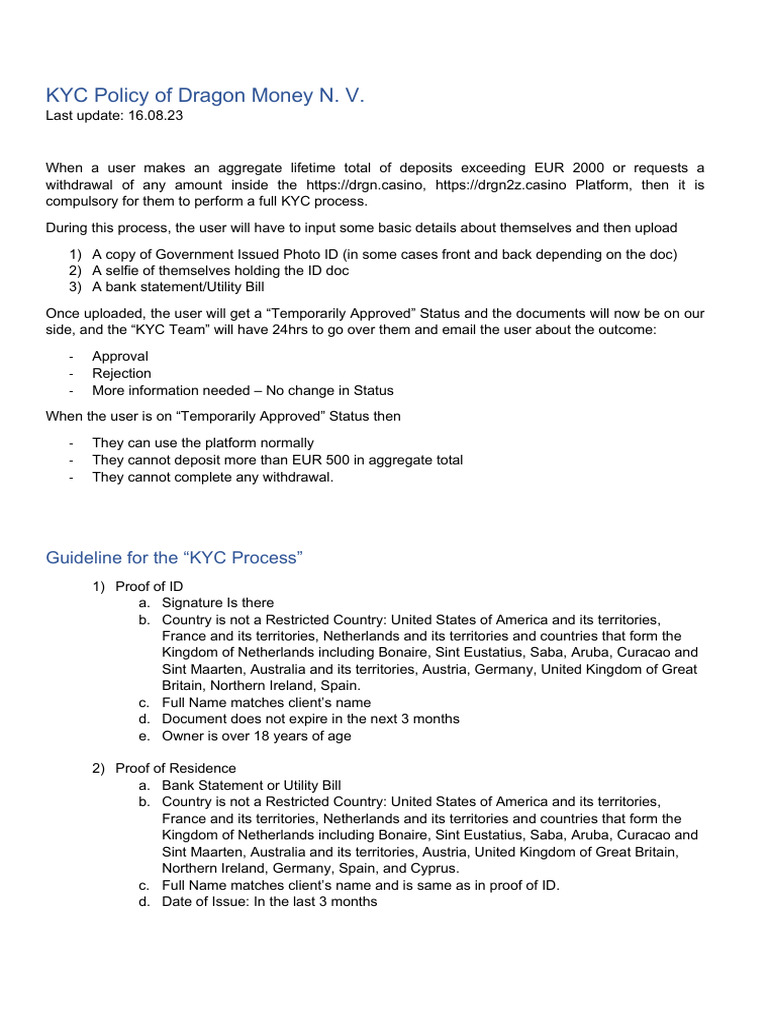 Dragon Money KYC Policy Overview | PDF | Kingdom Of The Netherlands