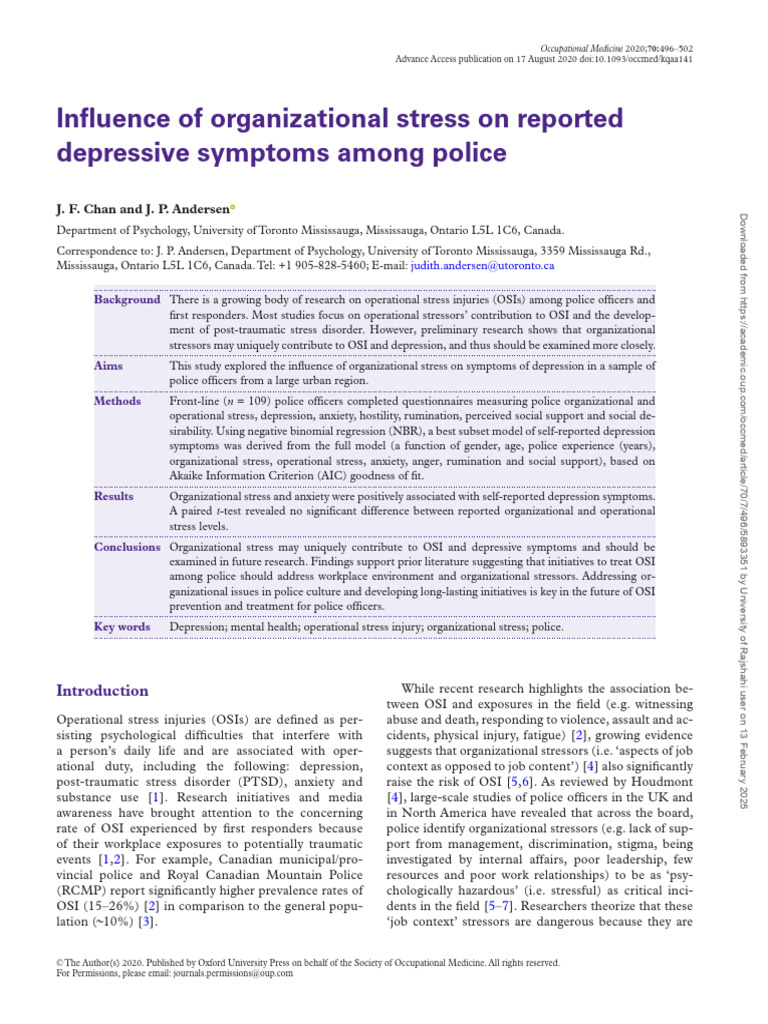 Organizational Stress and Police Depression | PDF | Emotions | Mental ...