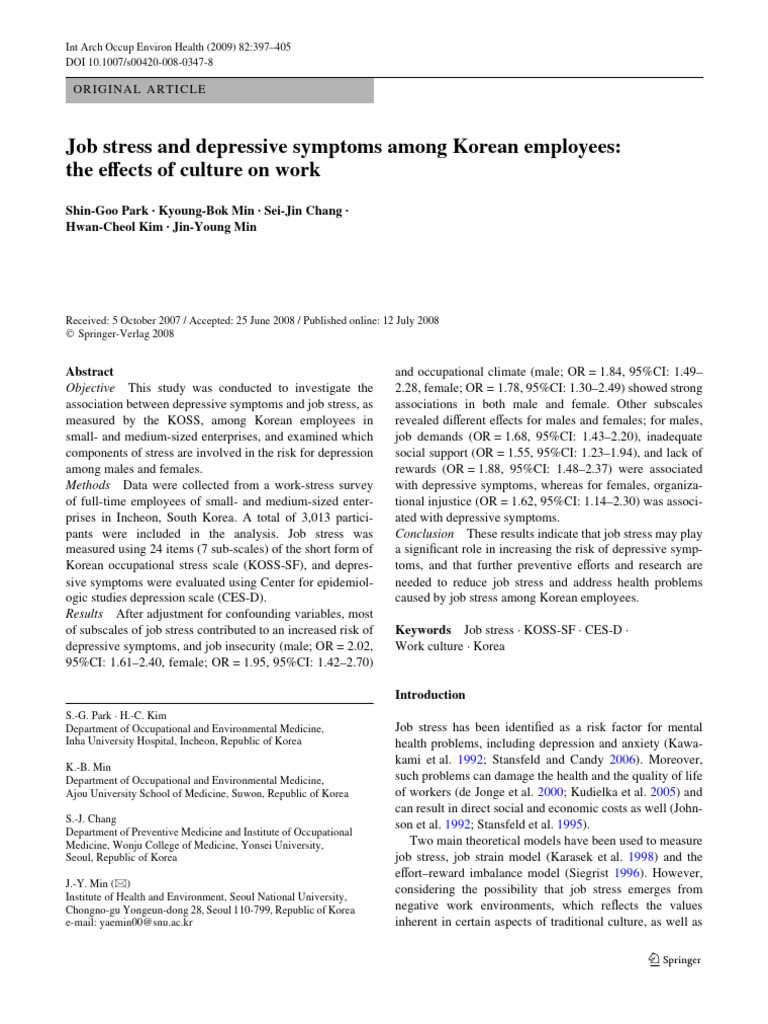 Job Stress and Depression in Korea | PDF | Occupational Stress | Major ...