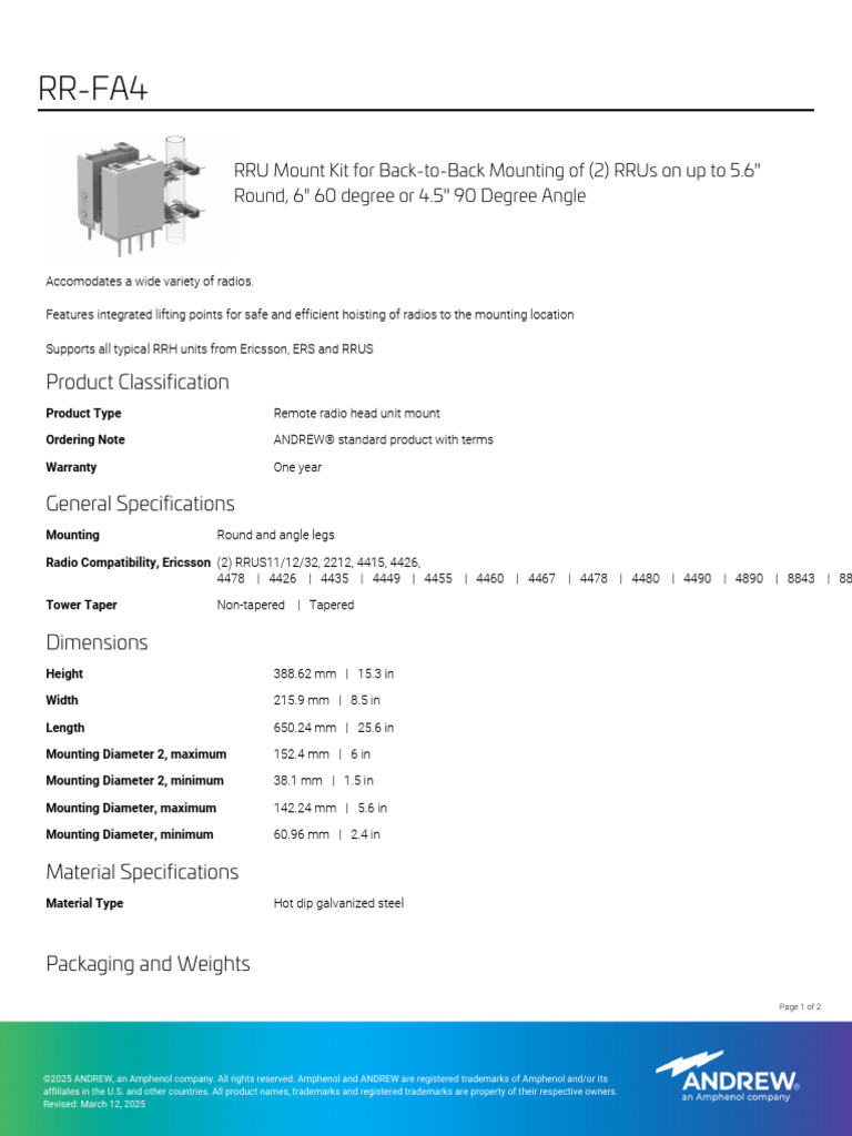 RRU Mount Kit Specifications RR-FA4 | PDF | Washer (Hardware)