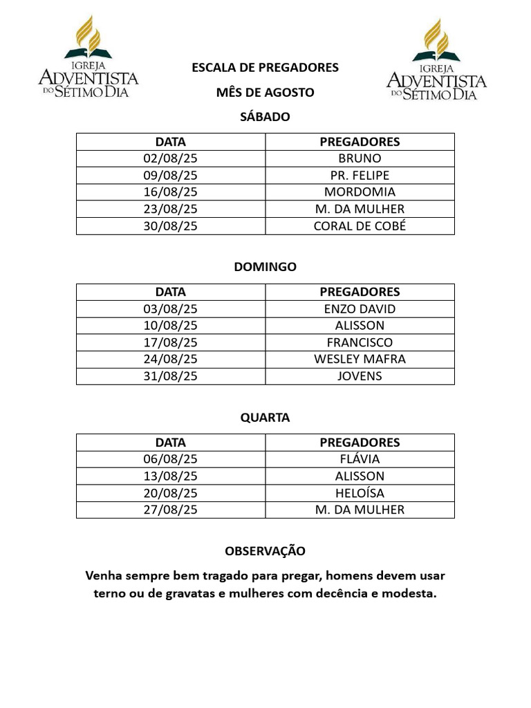Escala de Pregadores - Agosto 2025 | PDF