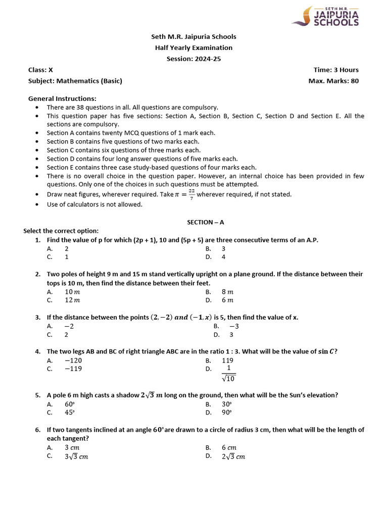 Class X Mathematics Half-Yearly Exam | PDF | Circle | Area