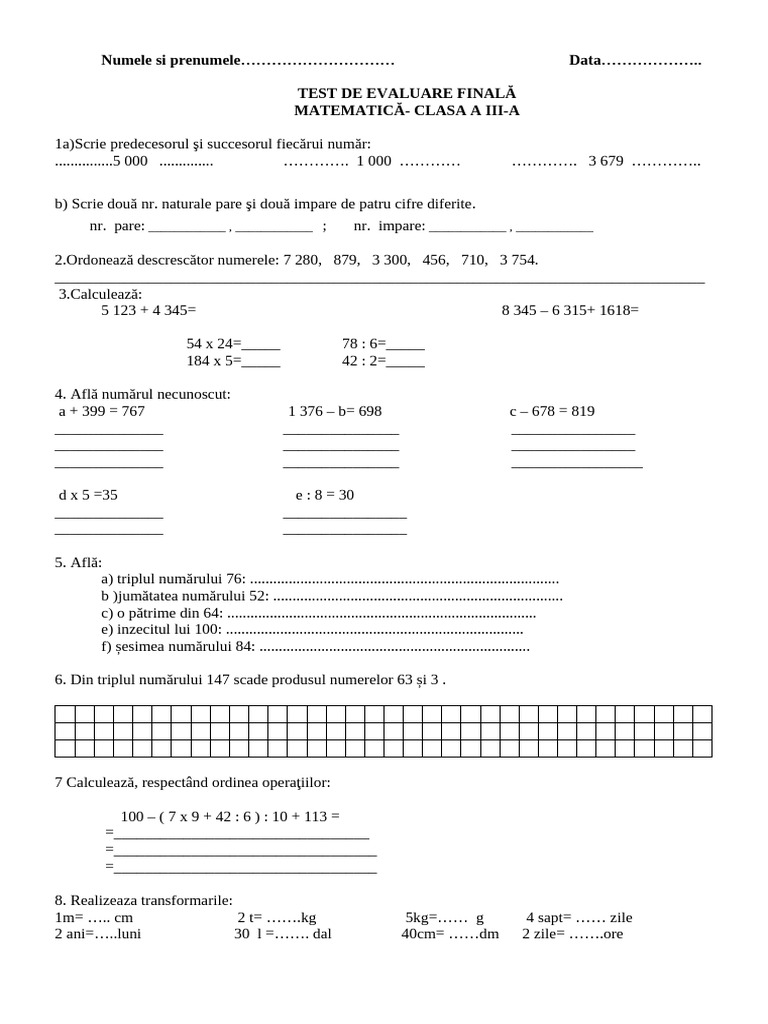 0 Test de Evaluare Finala Matematica | PDF