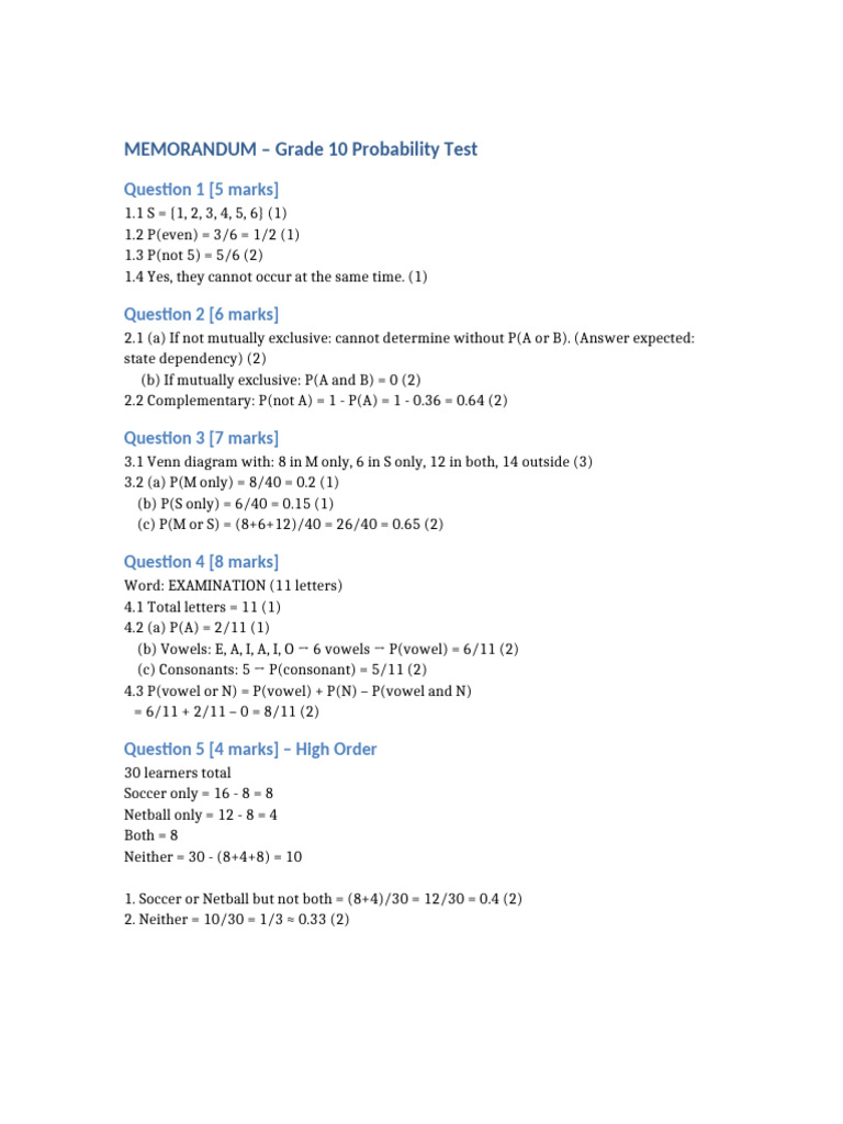 Grade10 Probability Memo | PDF